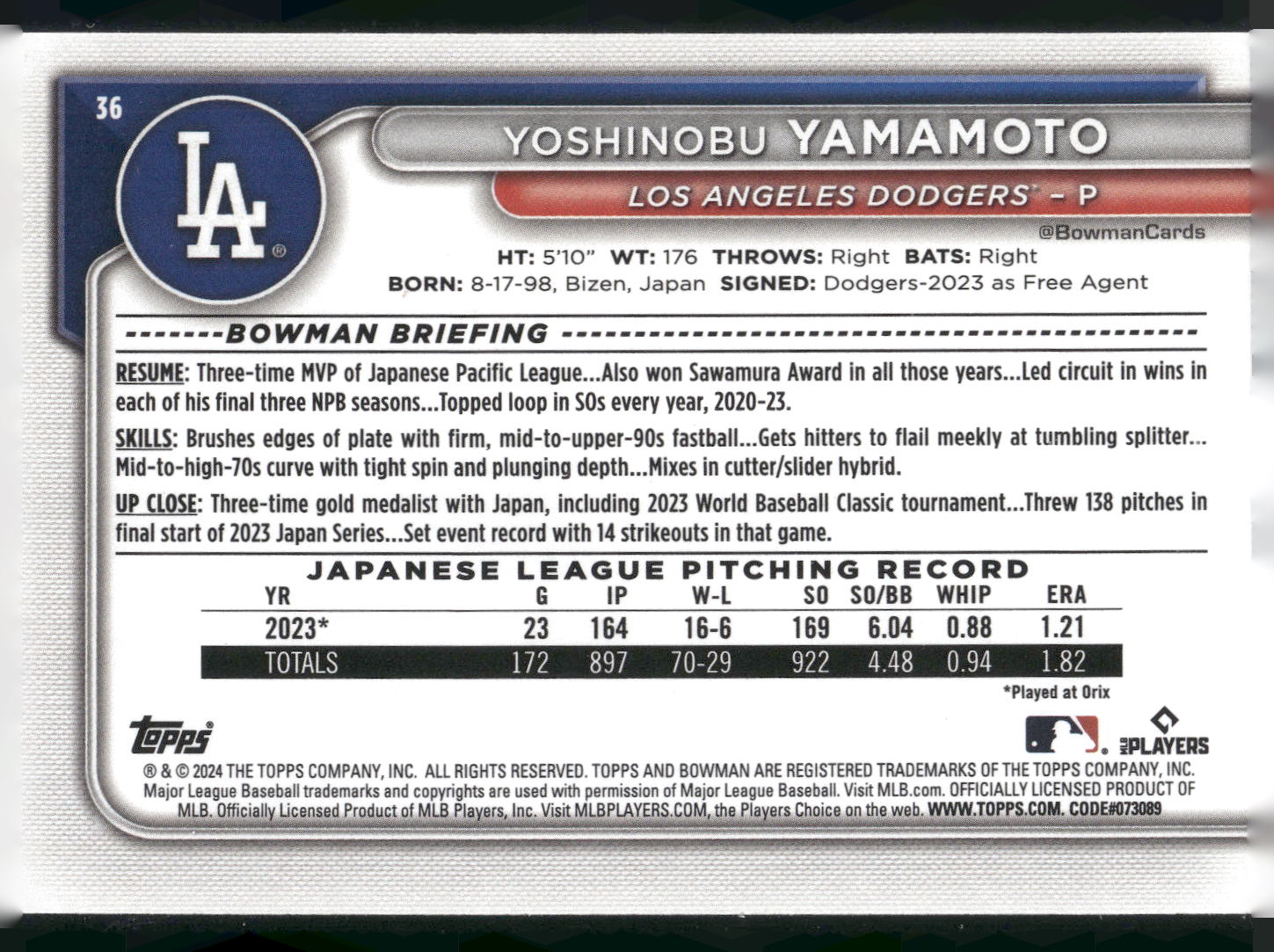 2024 Bowman #36 Yoshinobu Yamamoto