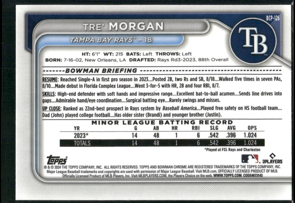 2024 Bowman #BP-126 Tre' Morgan Prospects