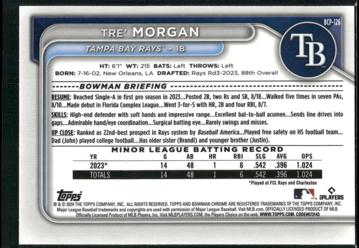 2024 Bowman #BP-126 Tre' Morgan Prospects