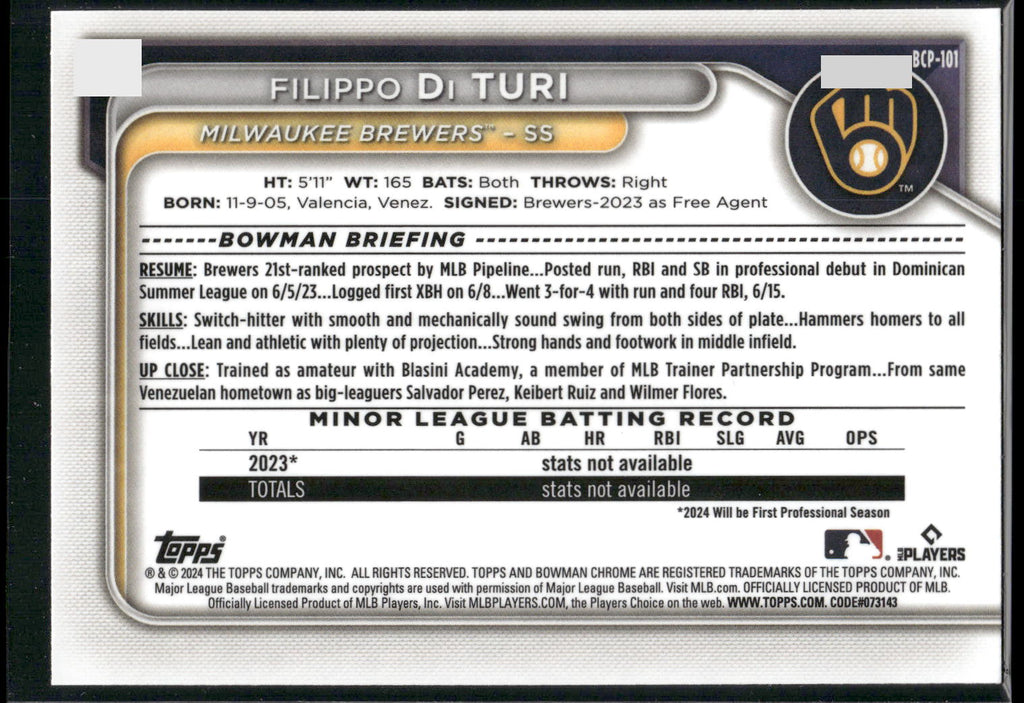 2024 Bowman #BP-101 Filippo Di Turi Prospects