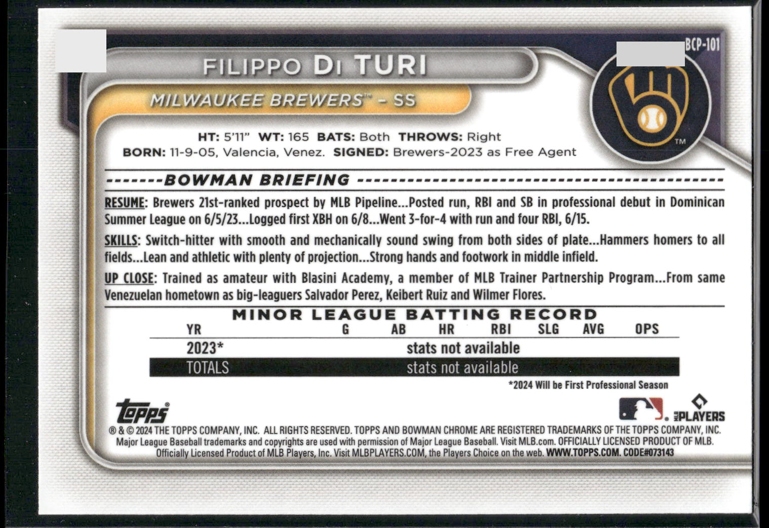 2024 Bowman #BP-101 Filippo Di Turi Prospects