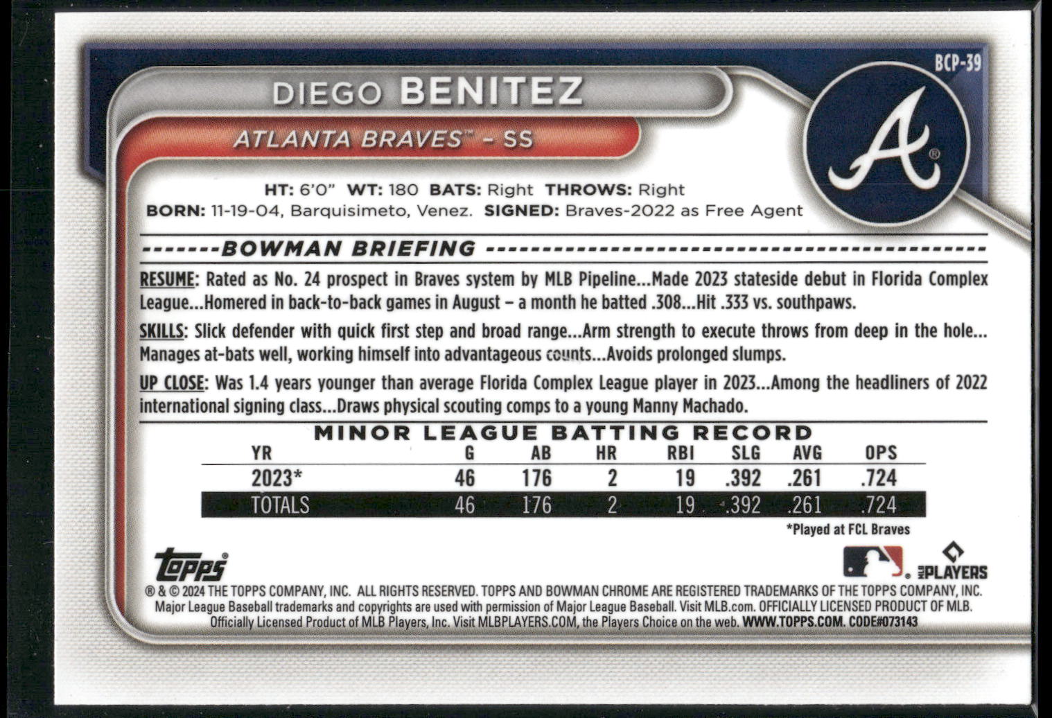 2024 Bowman #BP-39 Diego Benitez Prospects