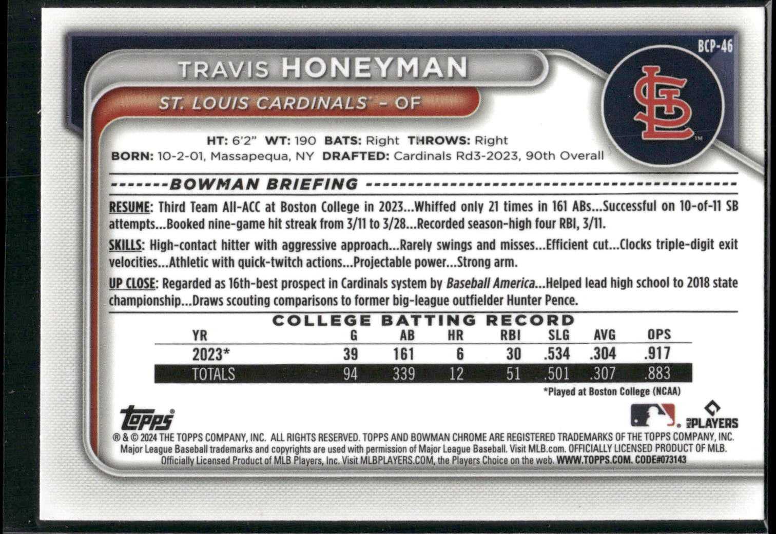 2024 Bowman #BP-46 Travis Honeyman Prospects