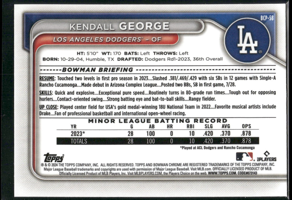 2024 Bowman #BP-58 Kendall George Prospects