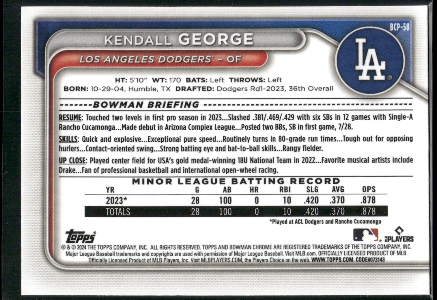 2024 Bowman #BP-58 Kendall George Prospects