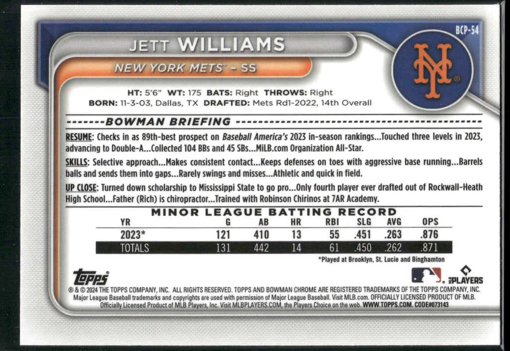 2024 Bowman #BP-54 Jett Williams Prospects