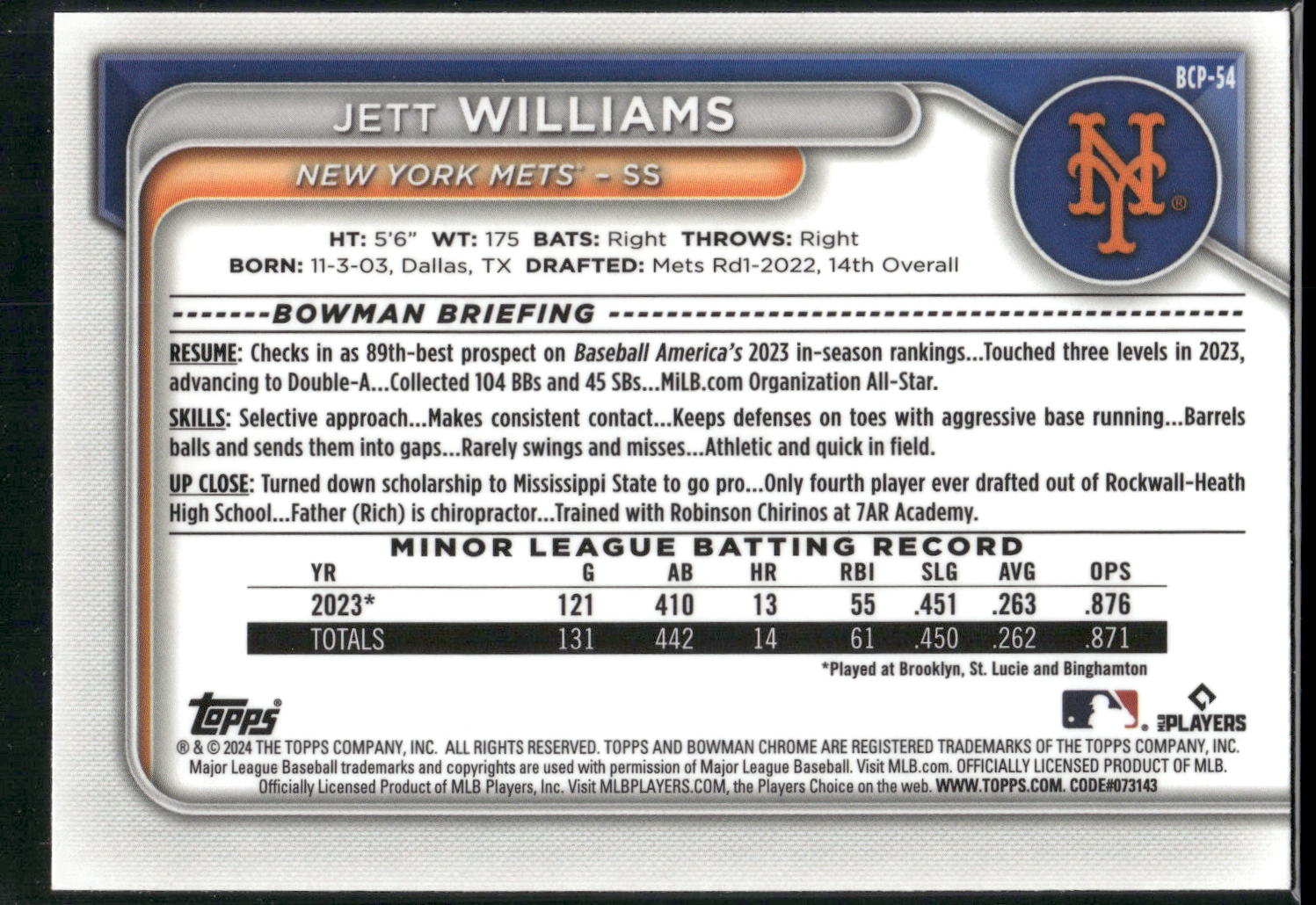 2024 Bowman #BP-54 Jett Williams Prospects
