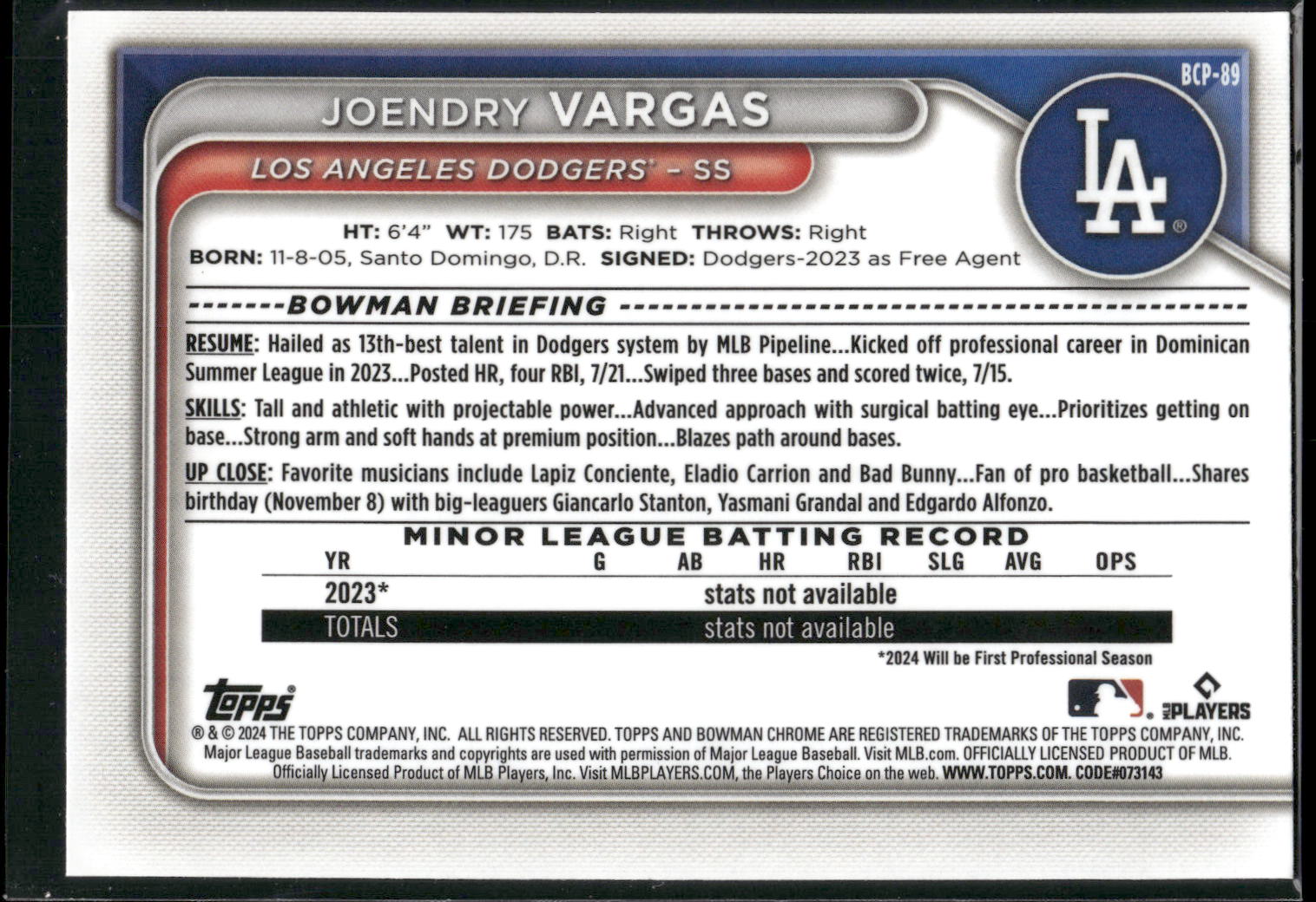 2024 Bowman #BP-89 Joendry Vargas Prospects