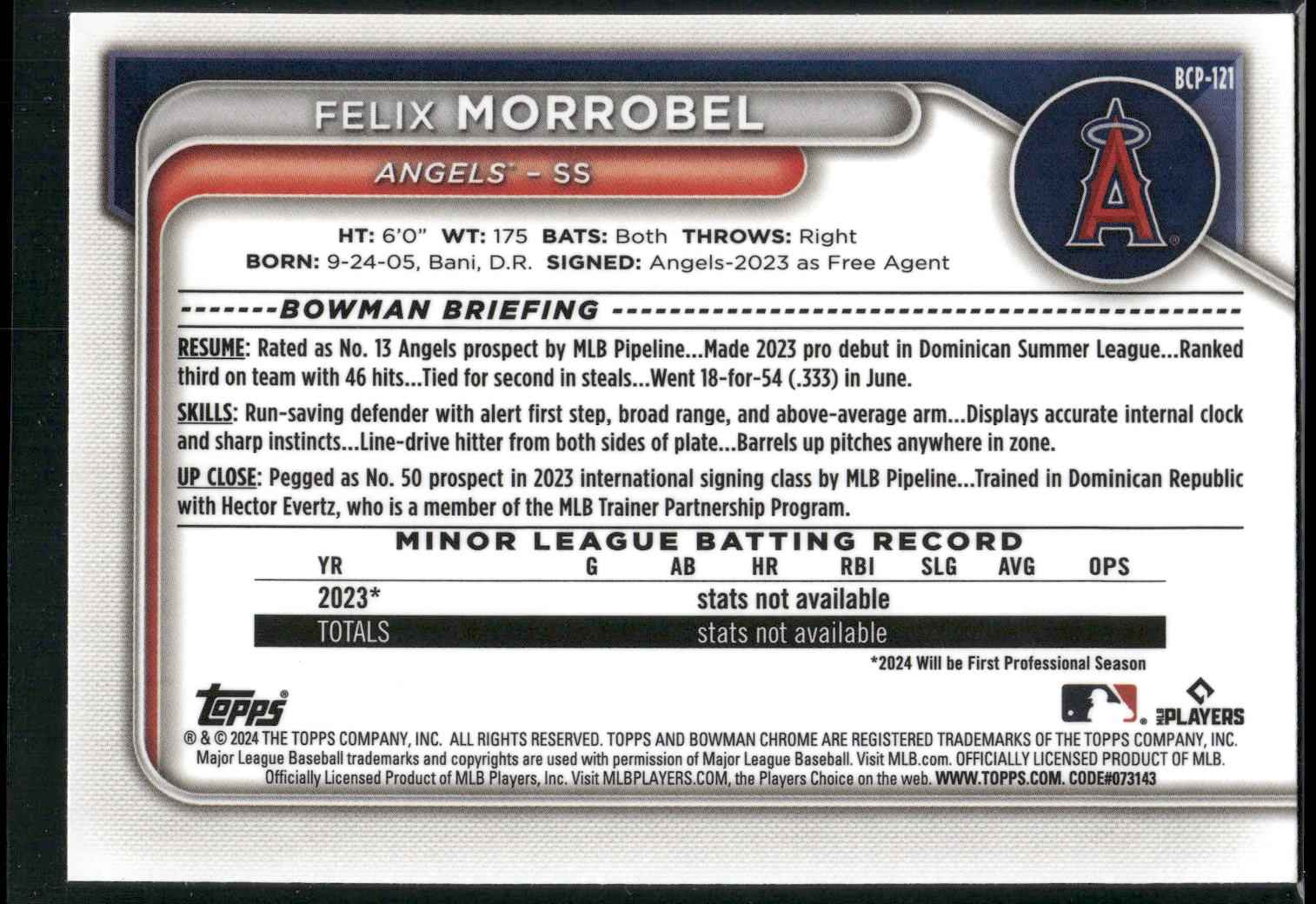 2024 Bowman #BP-121 Felix Morrobel Prospects