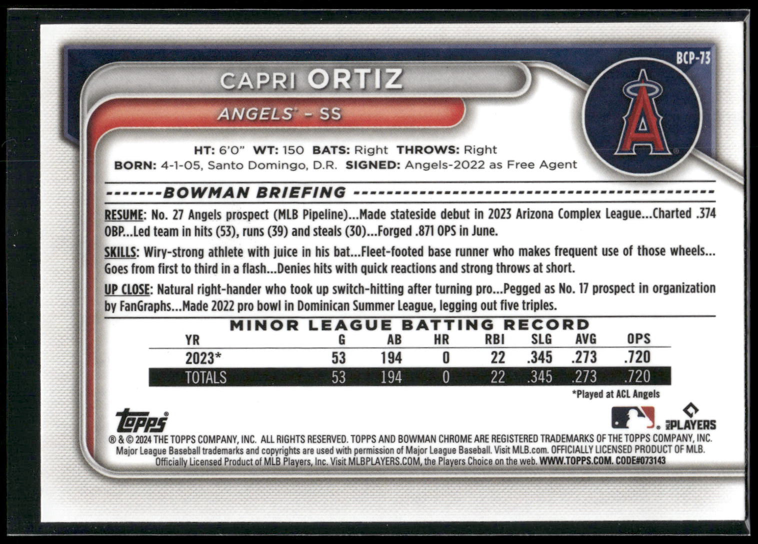 2024 Bowman #BP-73 Capri Ortiz Prospects
