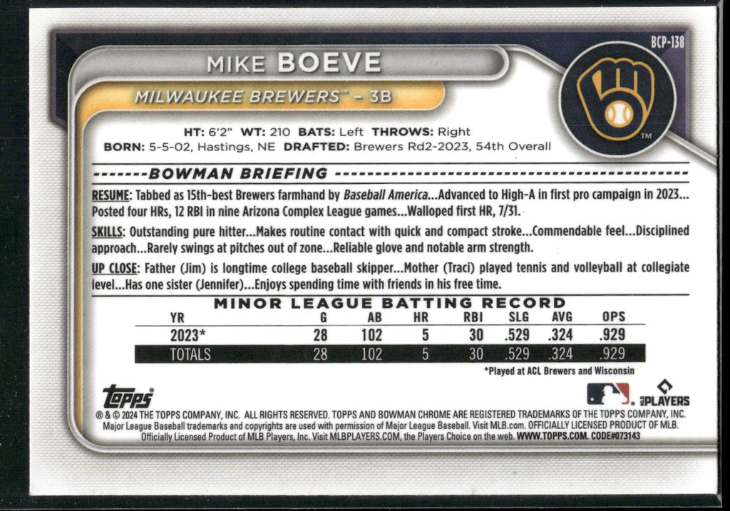 2024 Bowman #BP-138 Mike Boeve Prospects