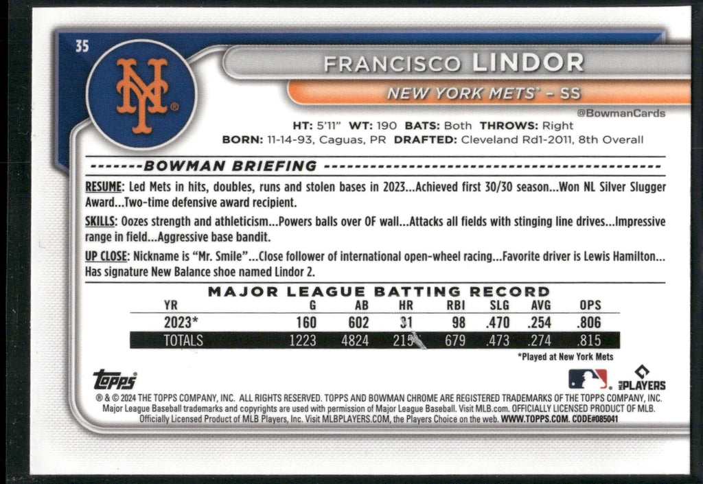 2024 Bowman Chrome #35 Francisco Lindor