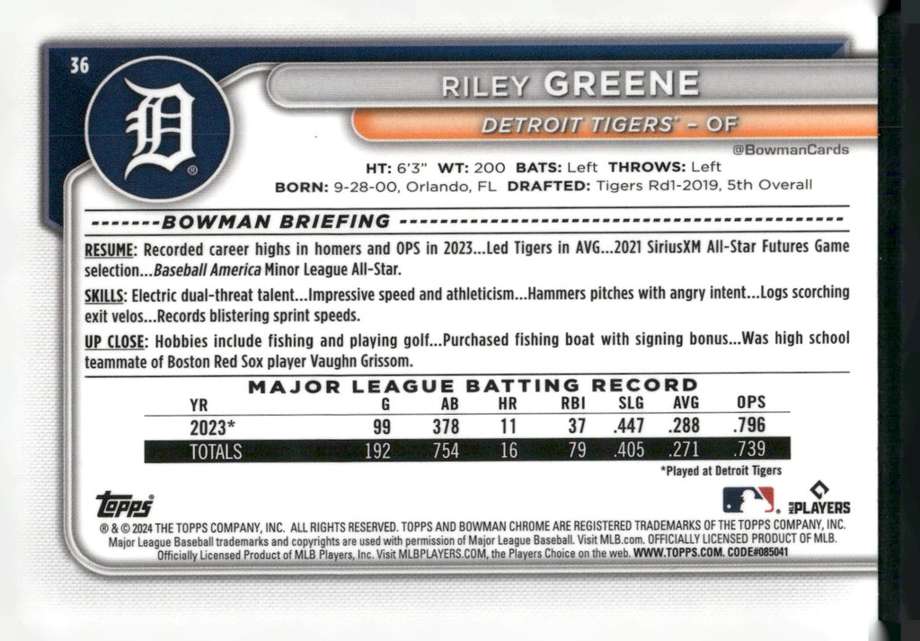 2024 Bowman Chrome #36 Riley Greene