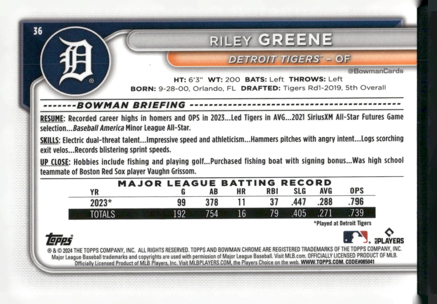 2024 Bowman Chrome #36 Riley Greene