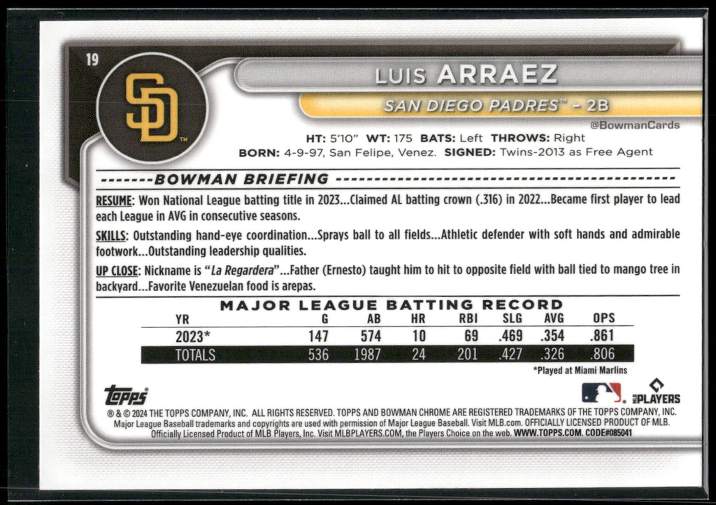 2024 Bowman Chrome #19 Luis Arraez