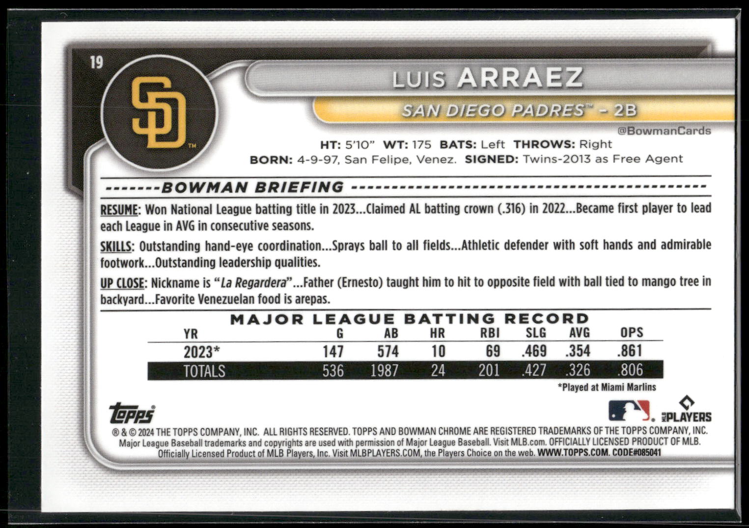 2024 Bowman Chrome #19 Luis Arraez
