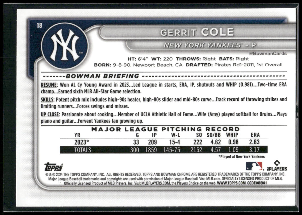 2024 Bowman Chrome #18 Gerrit Cole