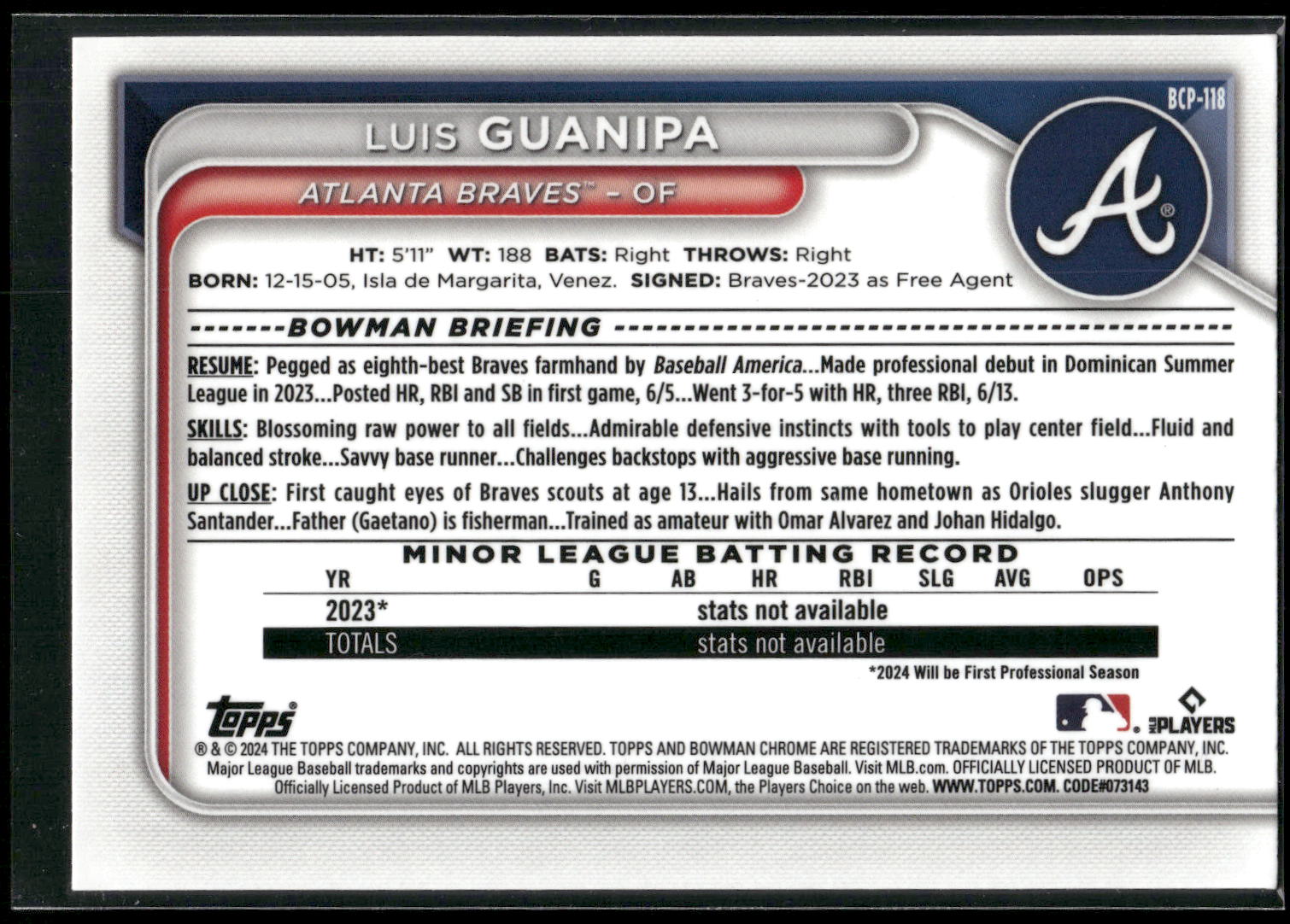2024 Bowman #BCP-118 Luis Guanipa Chrome Prospects