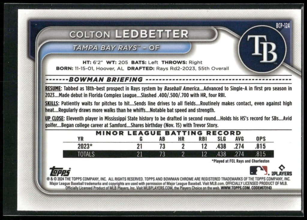2024 Bowman #BCP-124 Colton Ledbetter Chrome Prospects