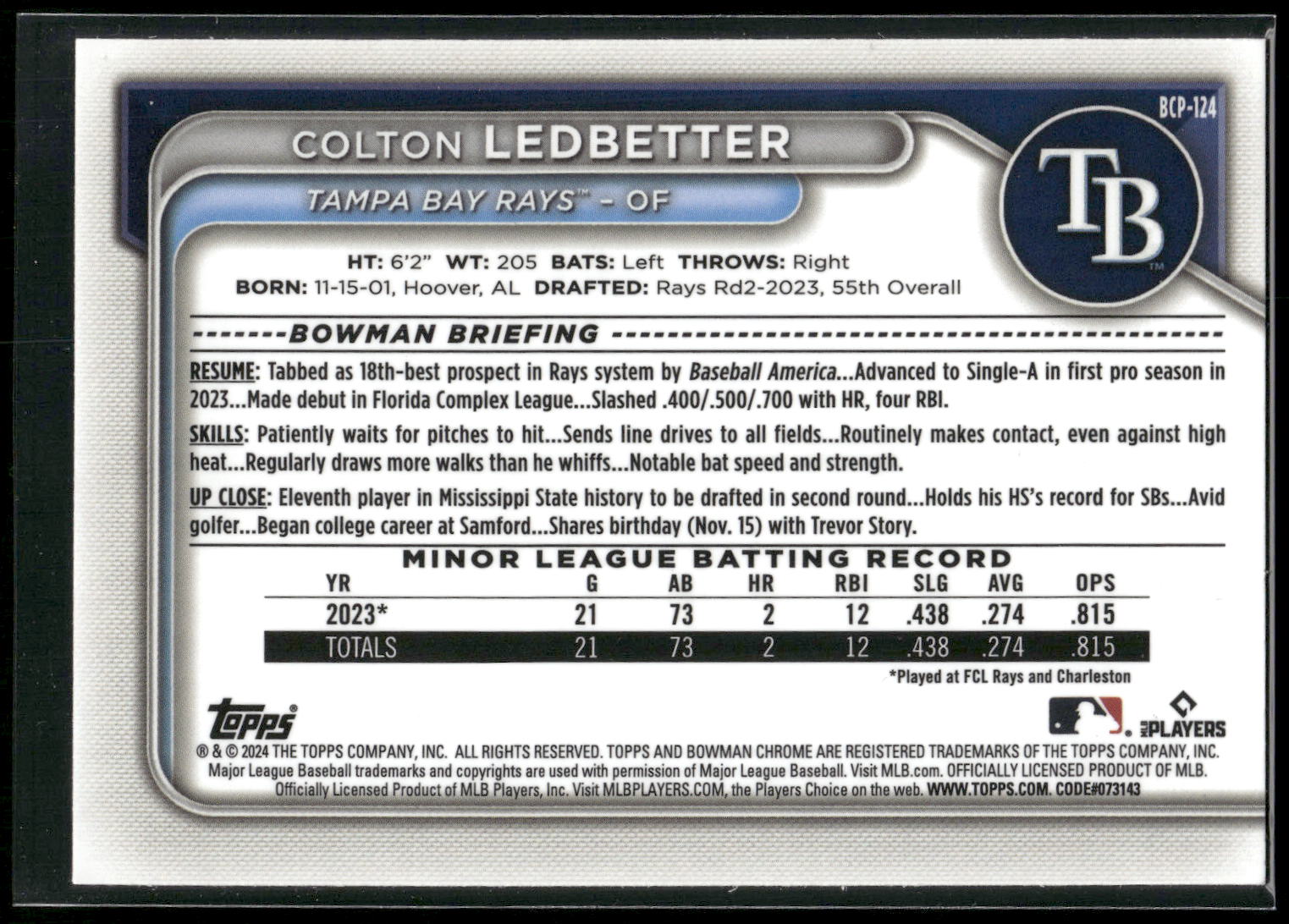 2024 Bowman #BCP-124 Colton Ledbetter Chrome Prospects