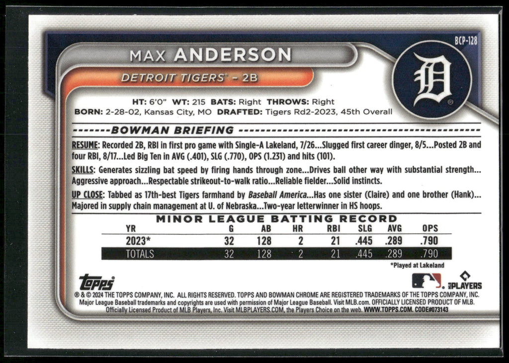 2024 Bowman #BCP-128 Max Anderson Chrome Prospects