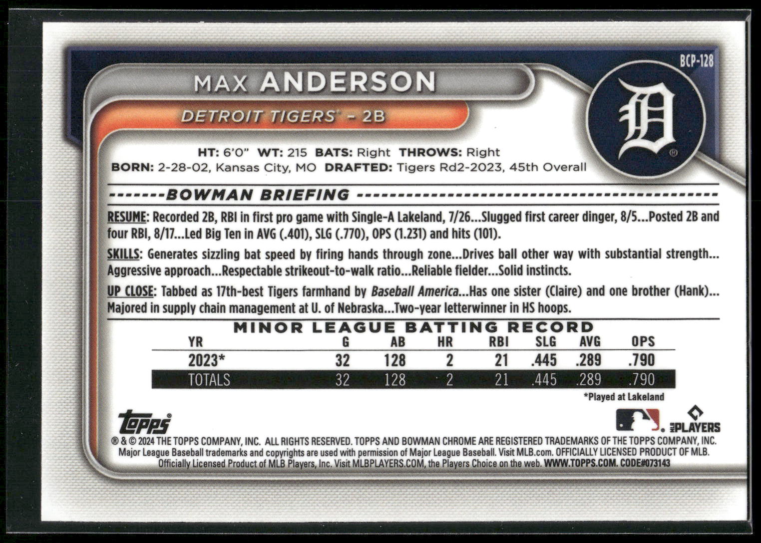 2024 Bowman #BCP-128 Max Anderson Chrome Prospects