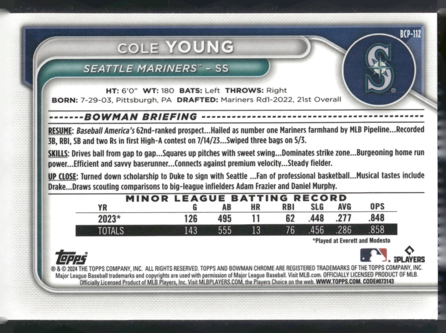 2024 Bowman #BCP-112 Cole Young Chrome Prospects