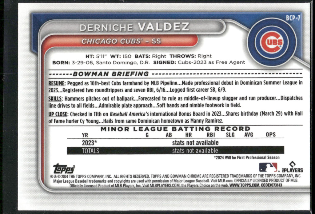 2024 Bowman #BCP-7 Derniche Valdez Chrome Prospects