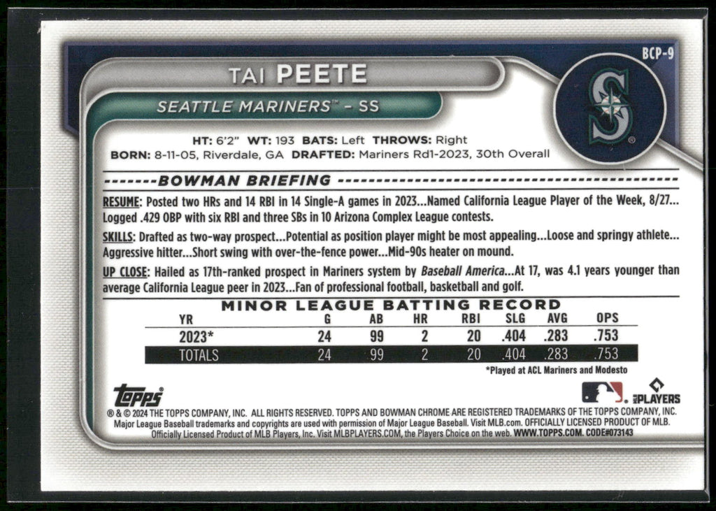 2024 Bowman #BCP-9 Tai Peete Chrome Prospects
