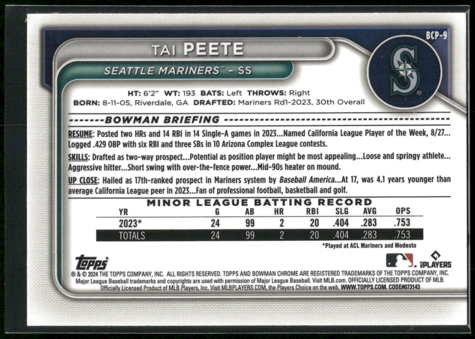 2024 Bowman #BCP-9 Tai Peete Chrome Prospects