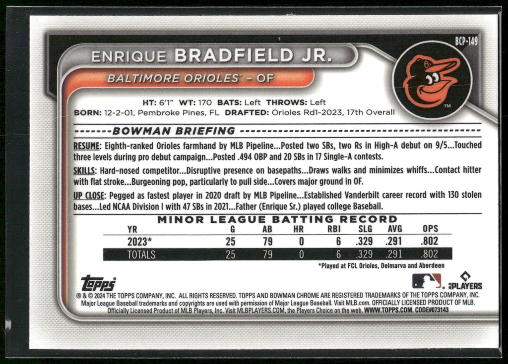 2024 Bowman #BCP-149 Enrique Bradfield Jr. Chrome Prospects