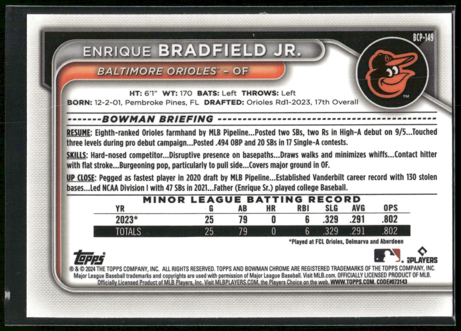 2024 Bowman #BCP-149 Enrique Bradfield Jr. Chrome Prospects