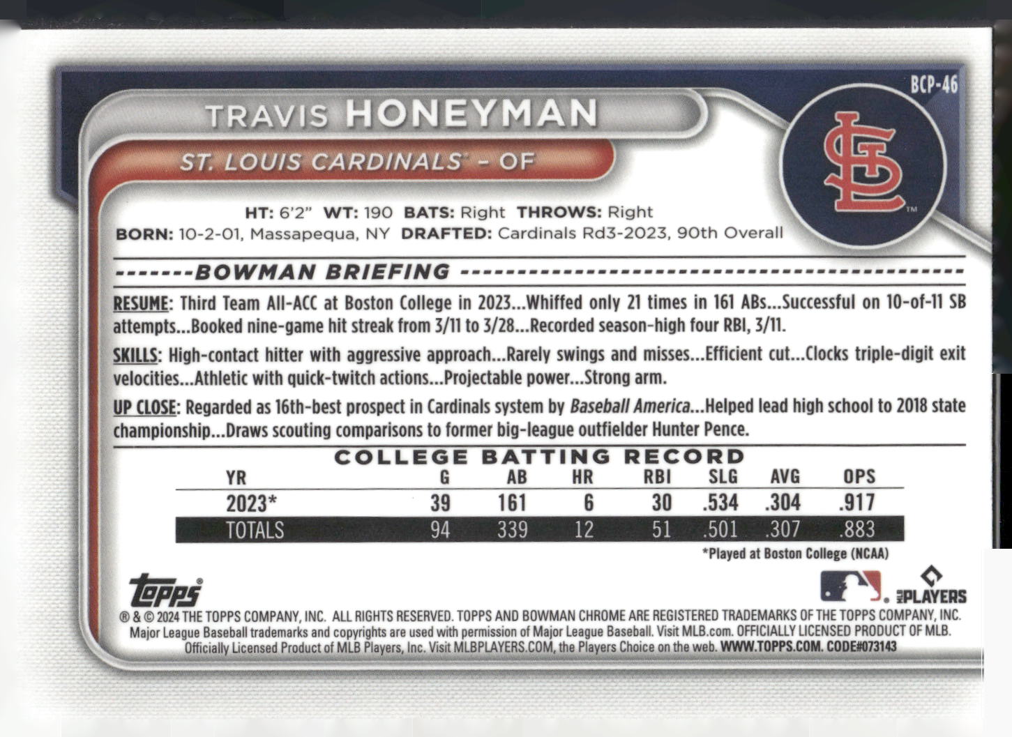 2024 Bowman #BCP-46 Travis Honeyman Chrome Prospects