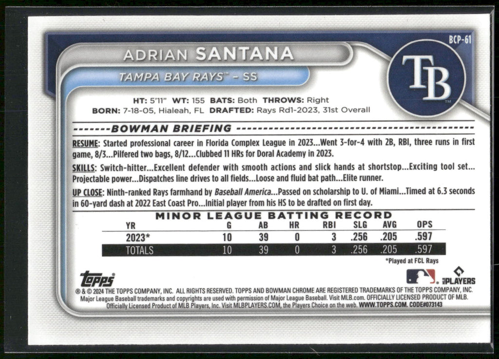 2024 Bowman #BCP-61 Adrian Santana Chrome Prospects