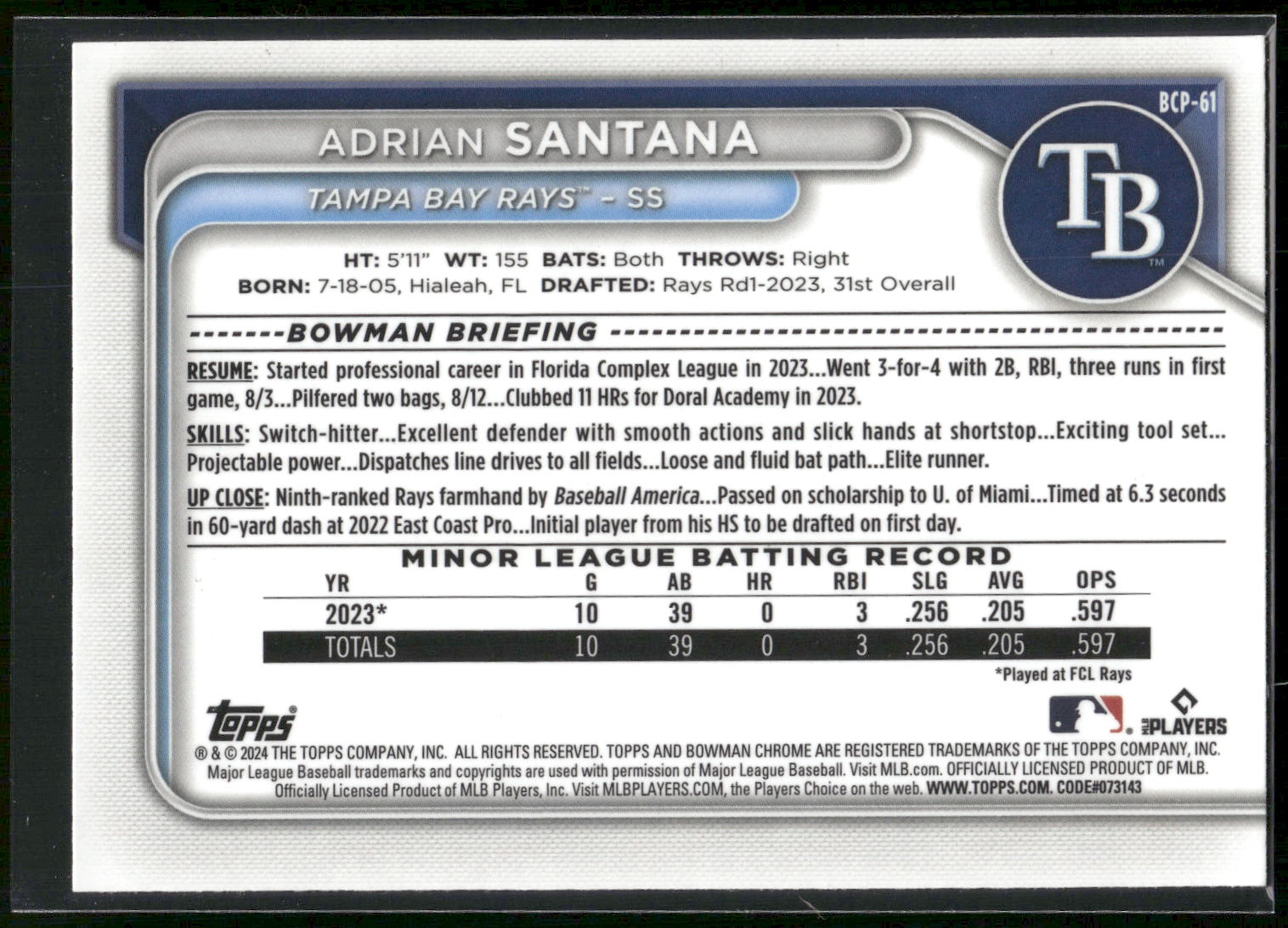2024 Bowman #BCP-61 Adrian Santana Chrome Prospects