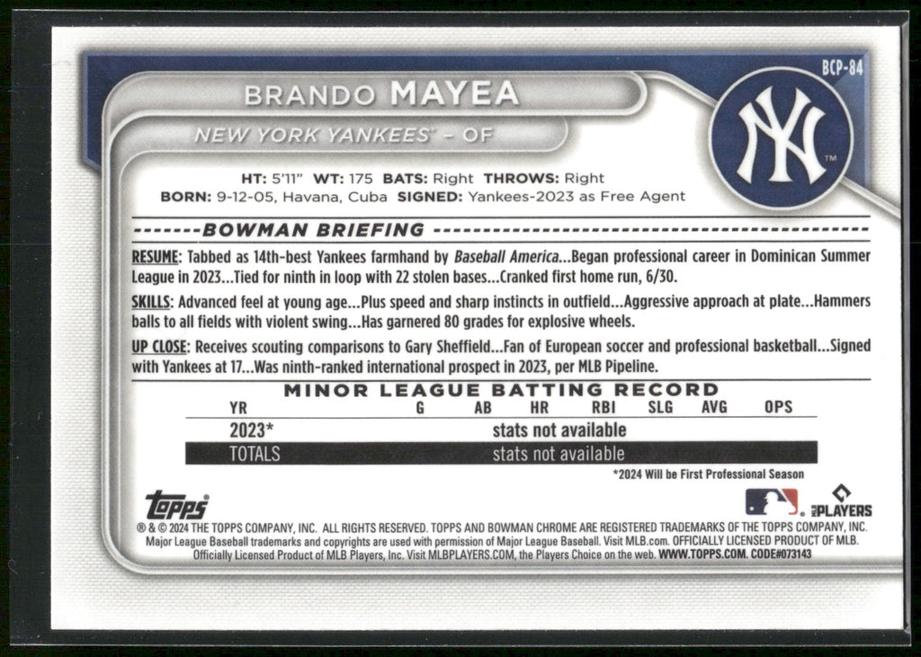2024 Bowman #BCP-84 Brando Mayea Chrome Prospects