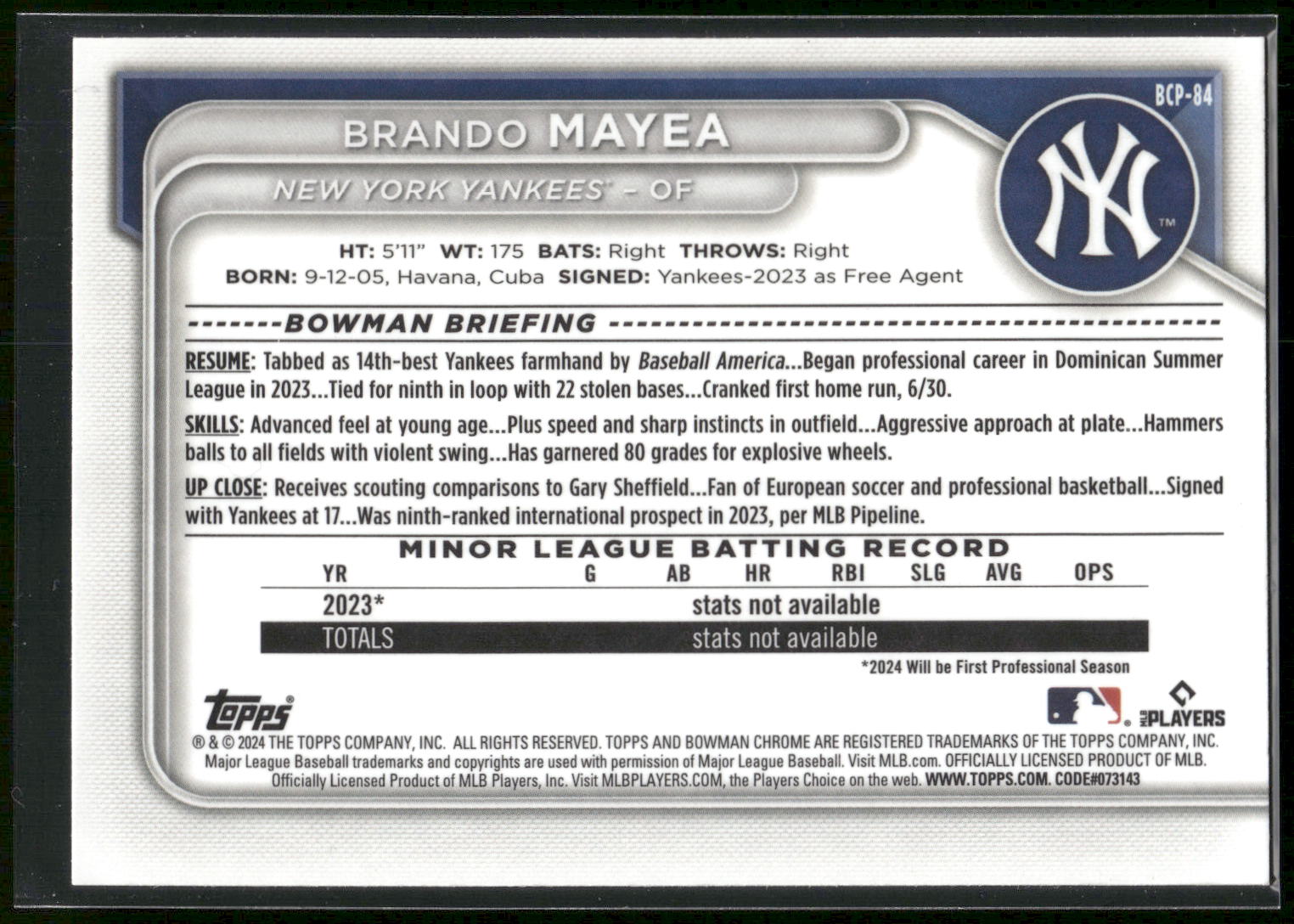 2024 Bowman #BCP-84 Brando Mayea Chrome Prospects