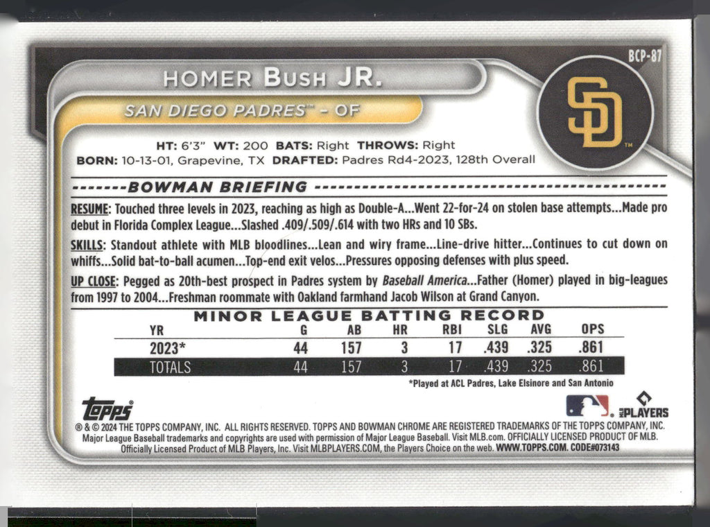 2024 Bowman #BCP-87 Homer Bush Jr. Chrome Prospects