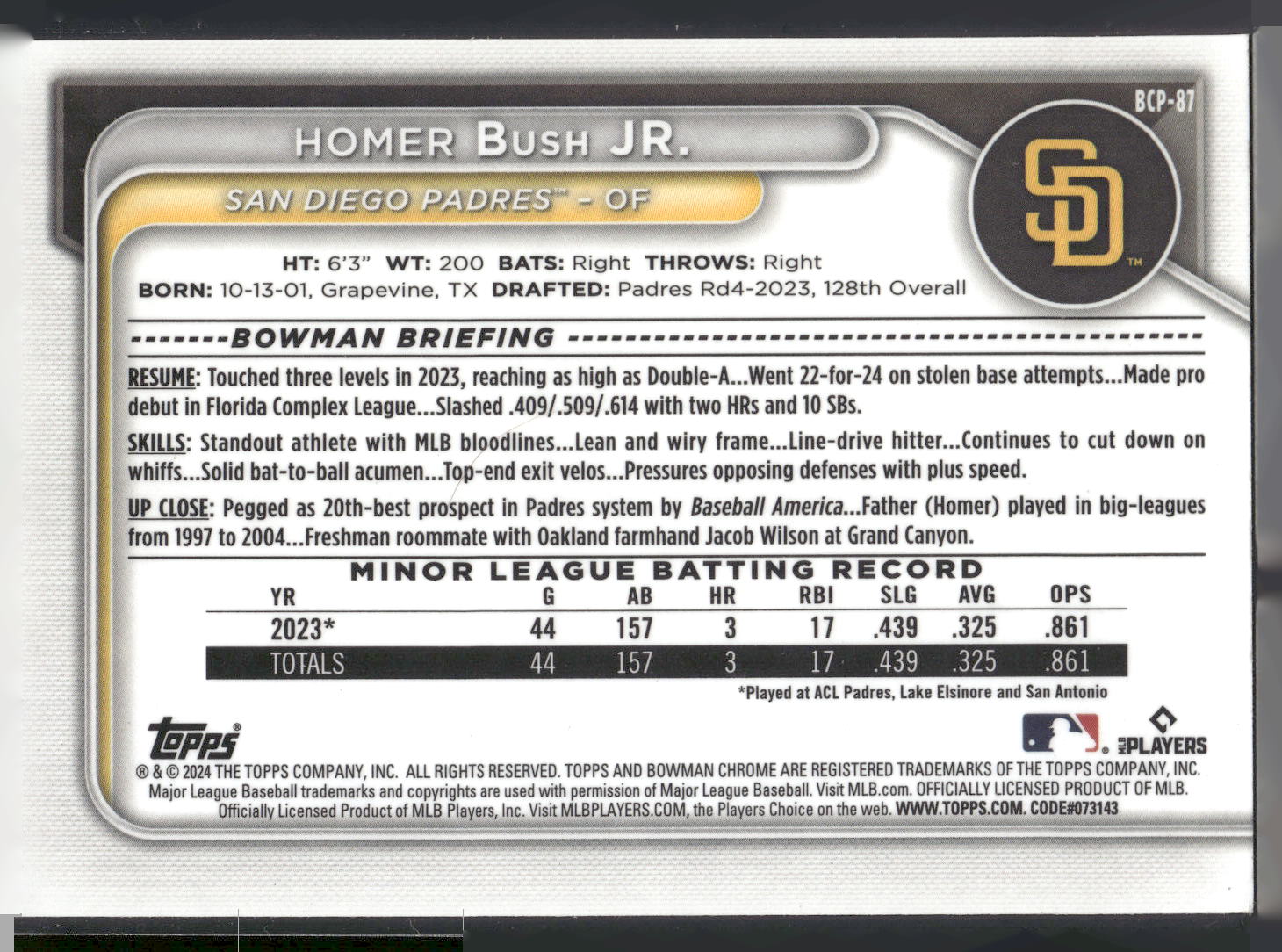 2024 Bowman #BCP-87 Homer Bush Jr. Chrome Prospects