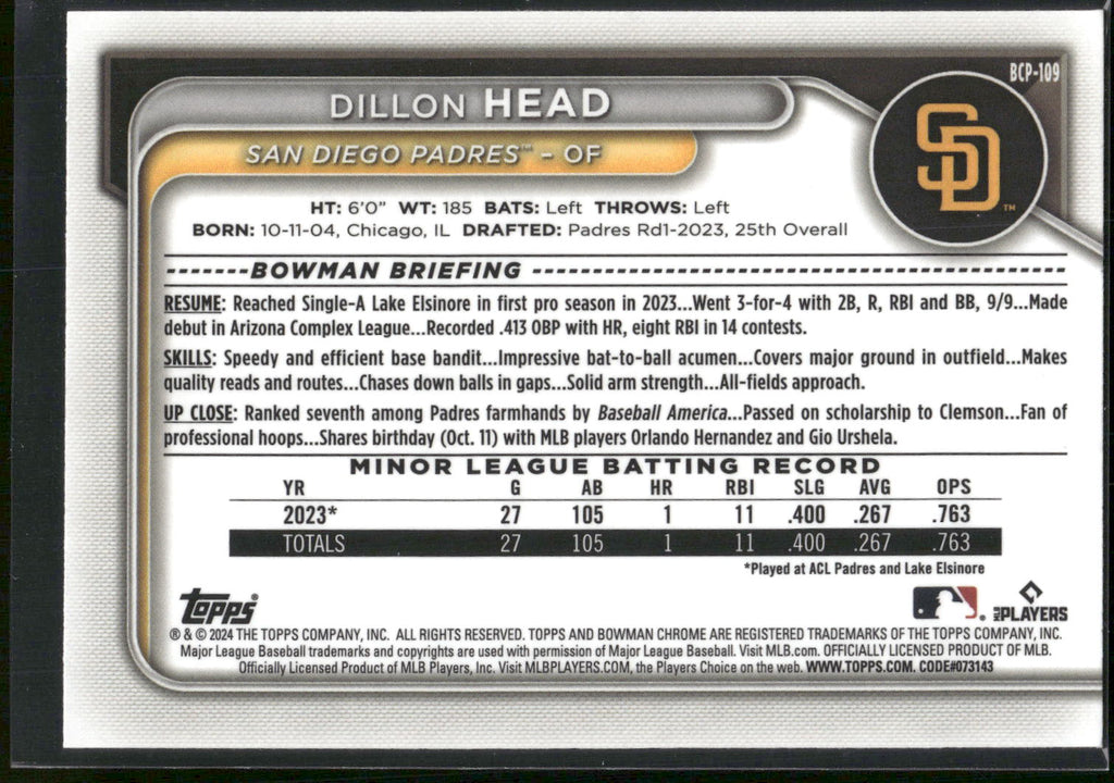 2024 Bowman #BCP-109 Dillon Head Chrome Prospects