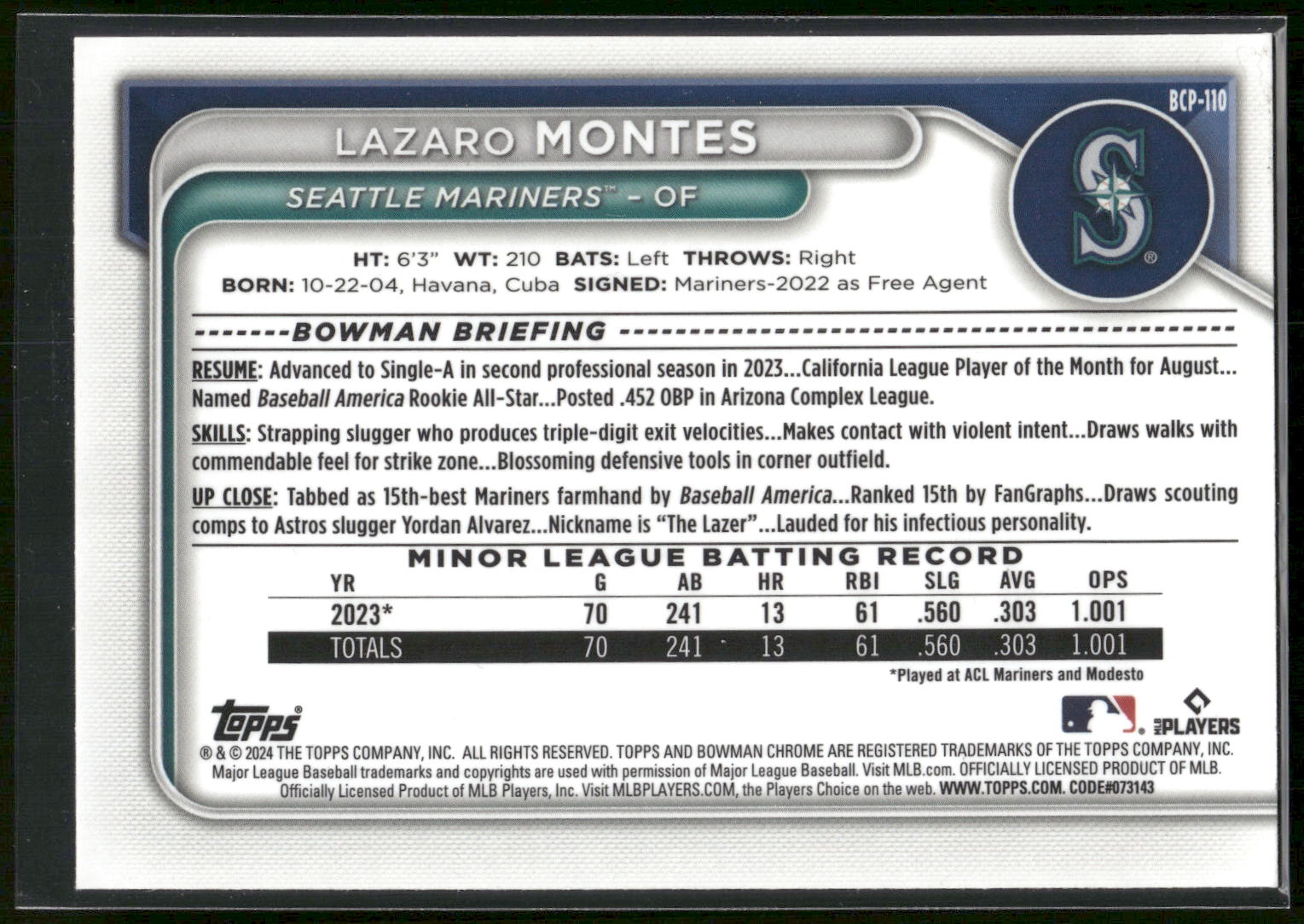 2024 Bowman #BCP-110 Lazaro Montes Chrome Prospects