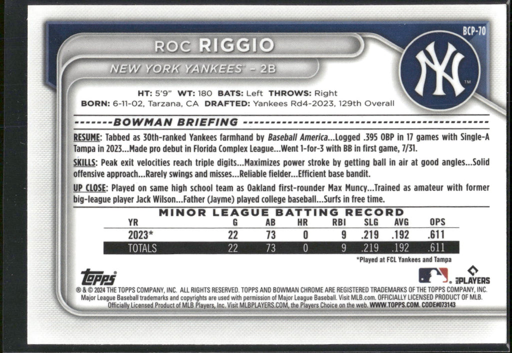 2024 Bowman #BCP-70 Roc Riggio Chrome Prospects