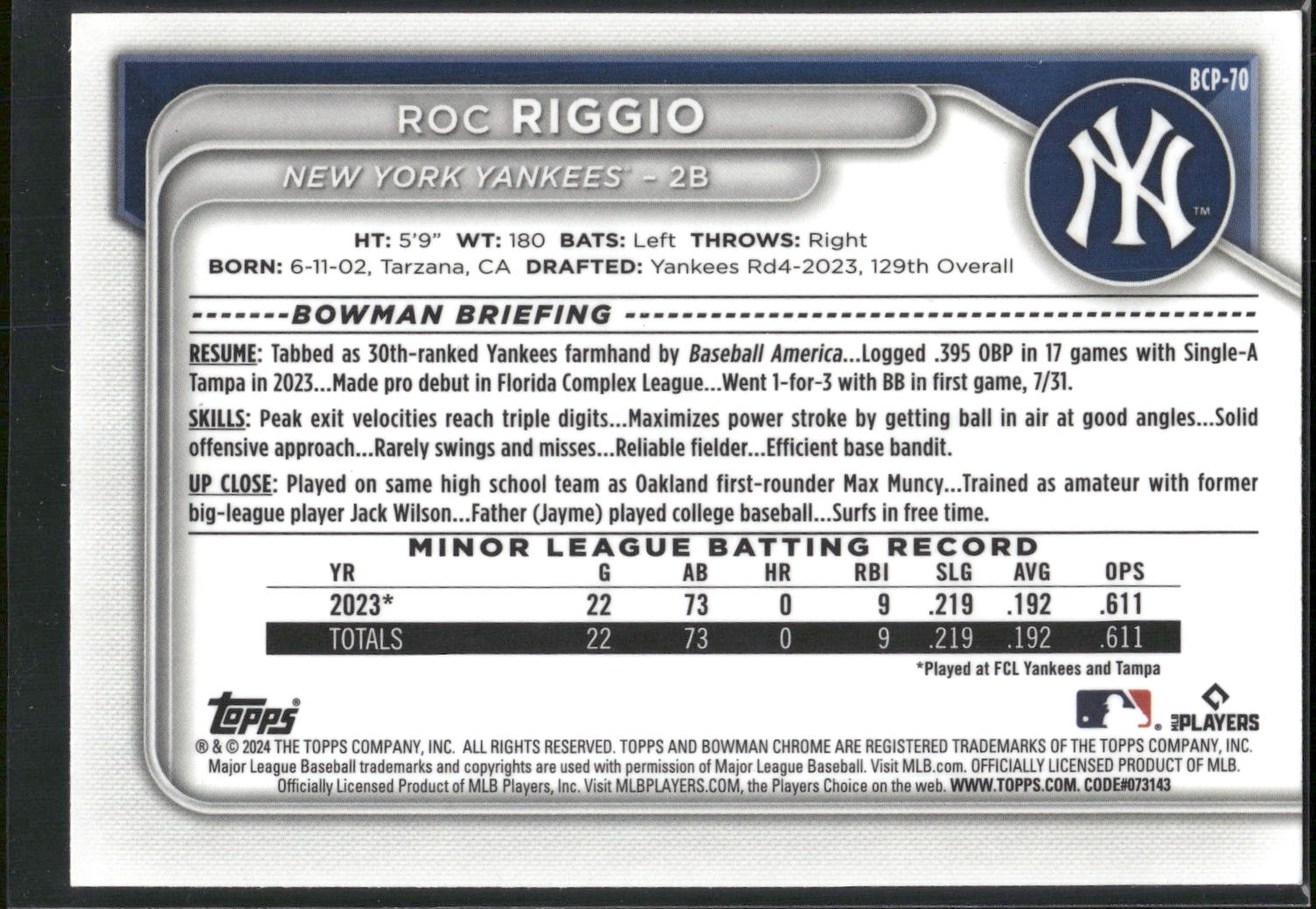 2024 Bowman #BCP-70 Roc Riggio Chrome Prospects