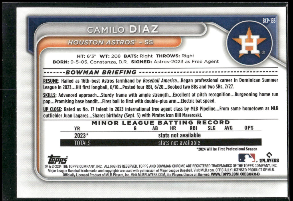 2024 Bowman #BCP-135 Camilo Diaz Chrome Prospects