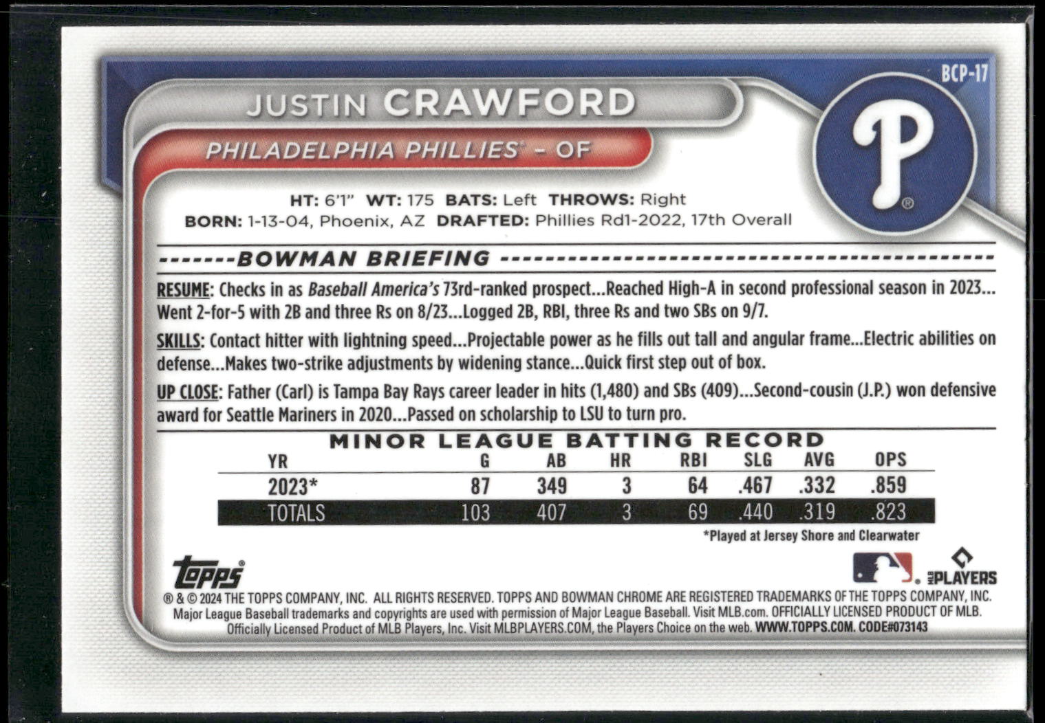 2024 Bowman #BCP-17 Justin Crawford Chrome Prospects