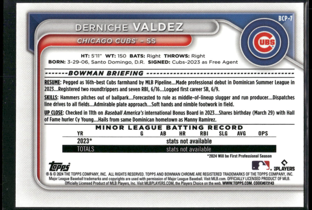 2024 Bowman #BCP-7 Derniche Valdez Chrome Prospects
