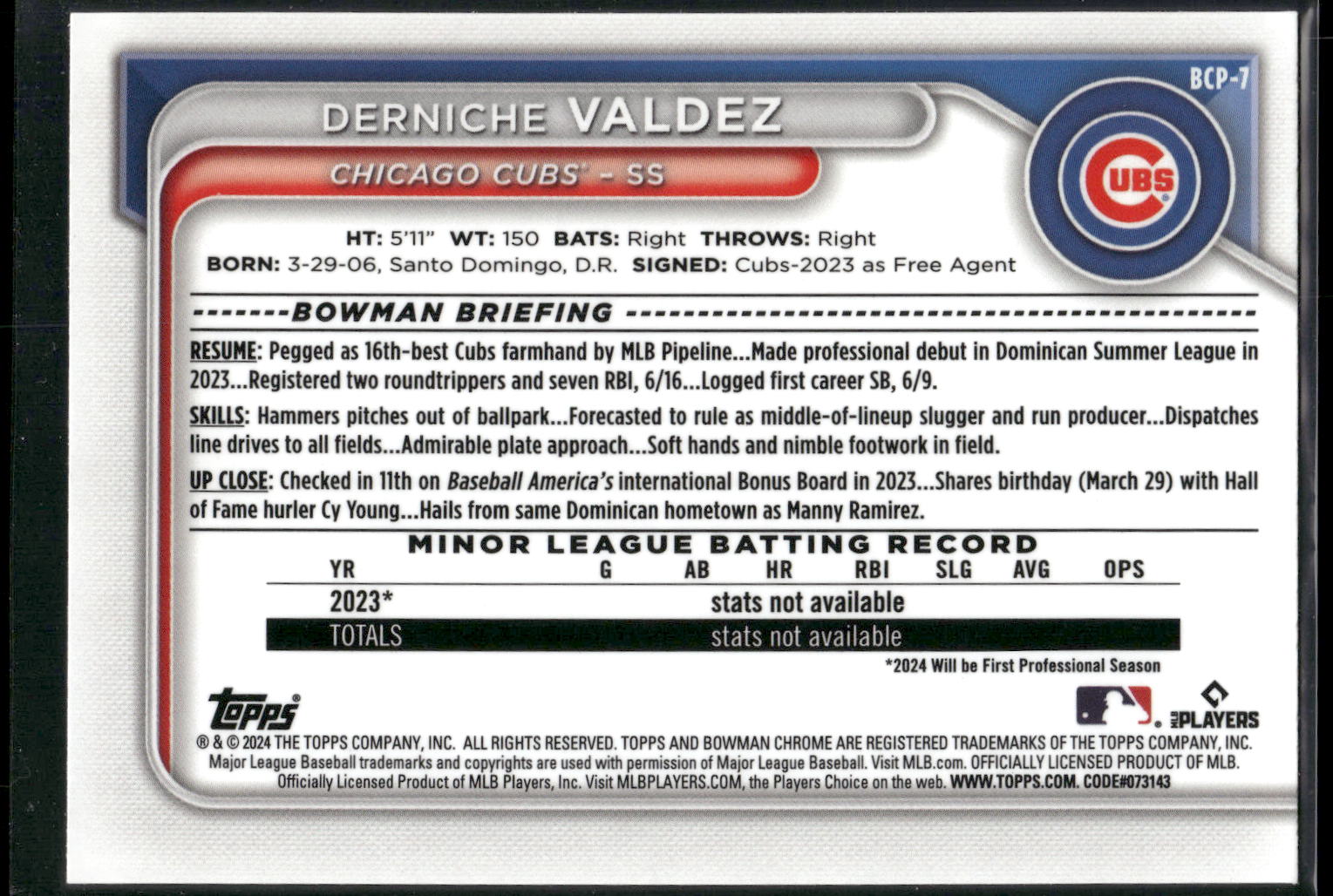 2024 Bowman #BCP-7 Derniche Valdez Chrome Prospects