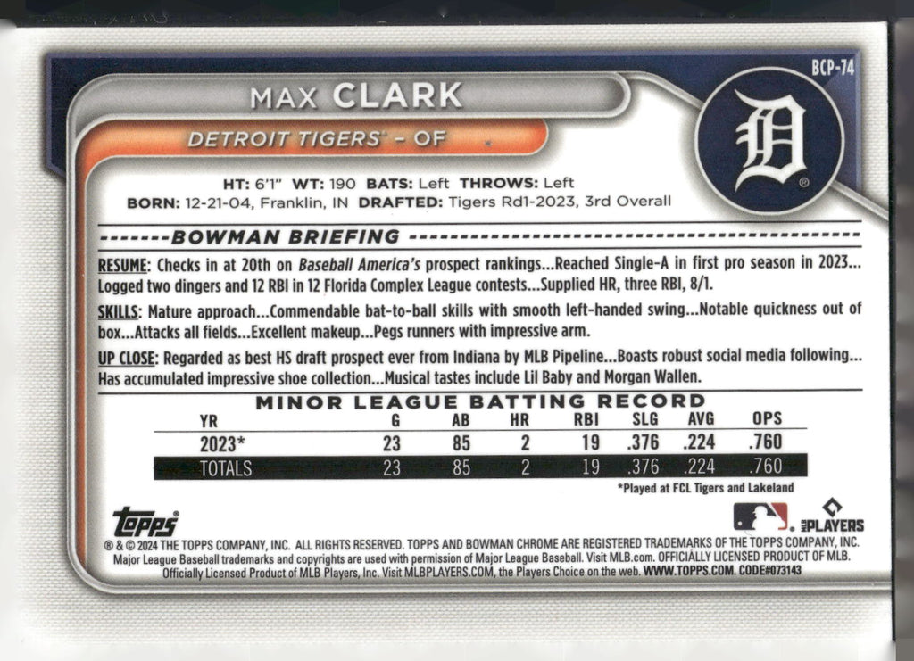 2024 Bowman #BCP-74 Max Clark Chrome Prospects