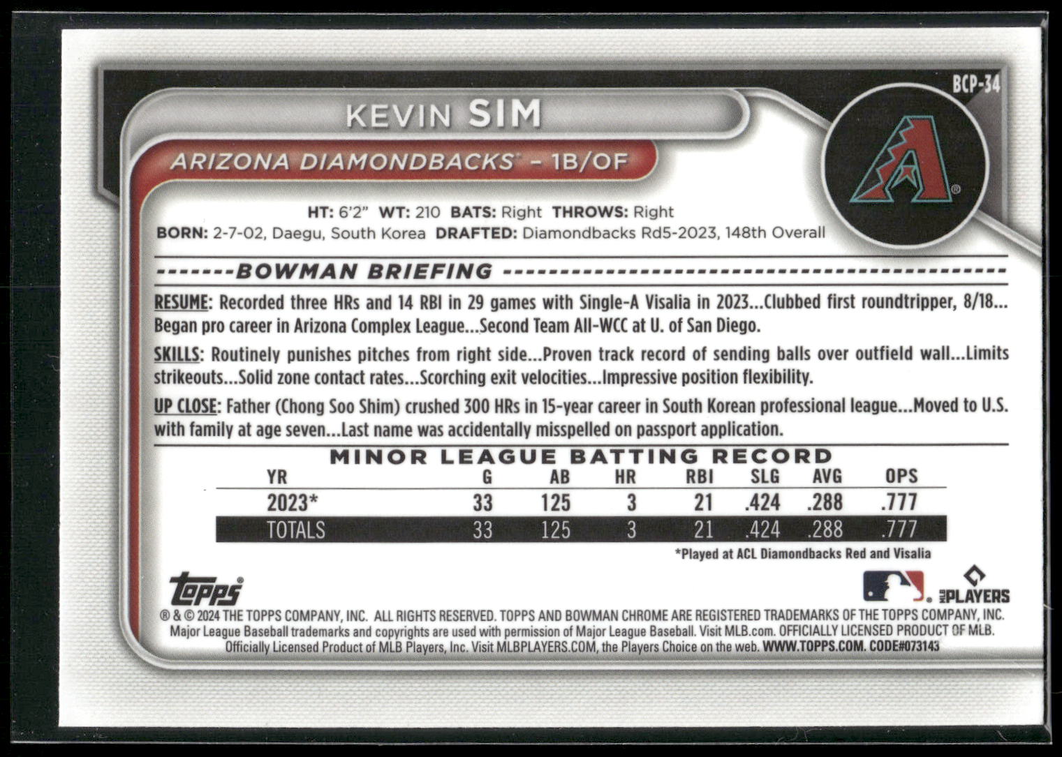 2024 Bowman #BCP-34 Kevin Sim Chrome Prospects