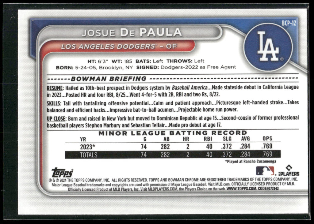 2024 Bowman #BCP-12 Josue De Paula Chrome Prospects